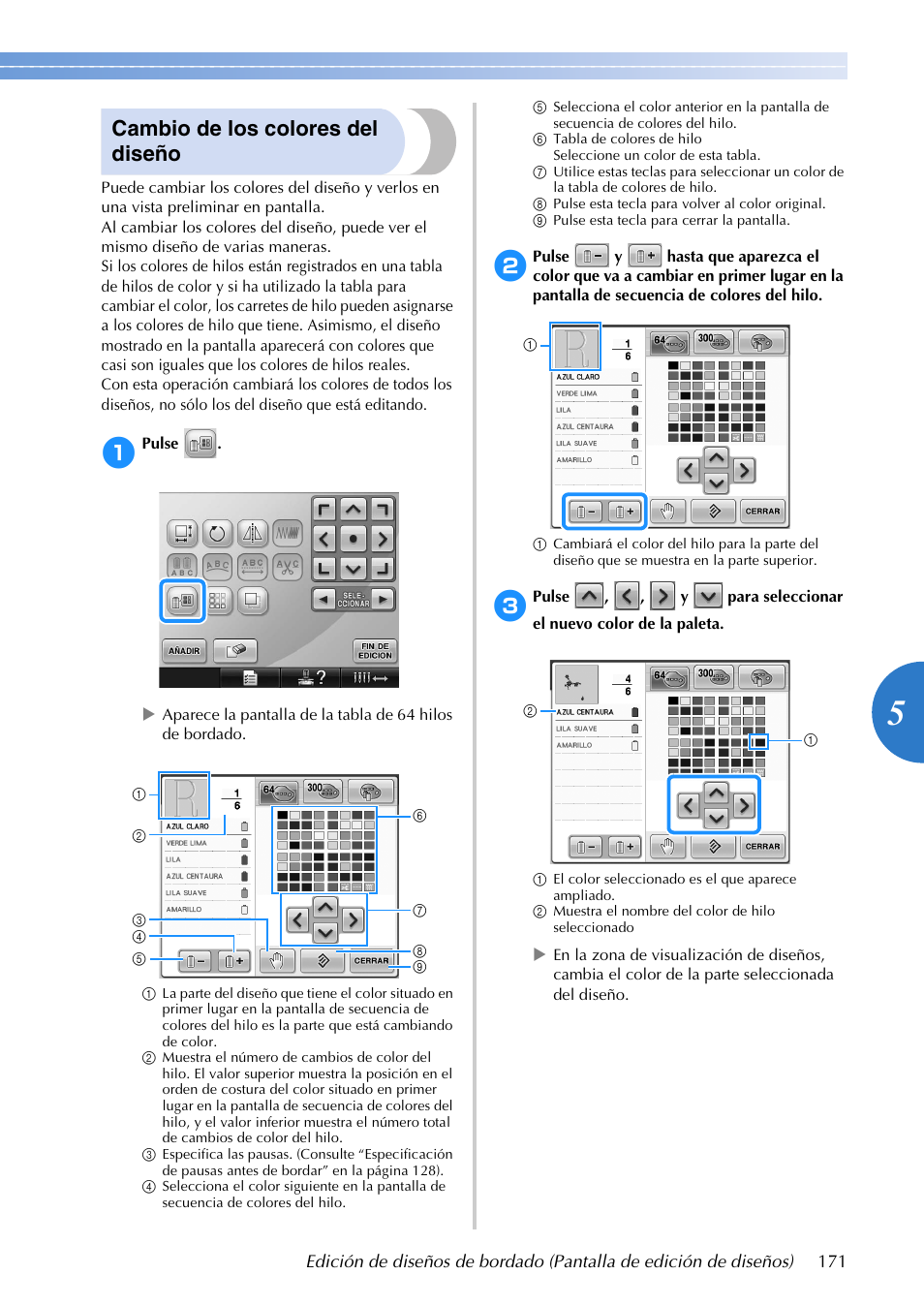 Cambio de los colores del diseño | Brother PR655 User Manual | Page 173 / 280