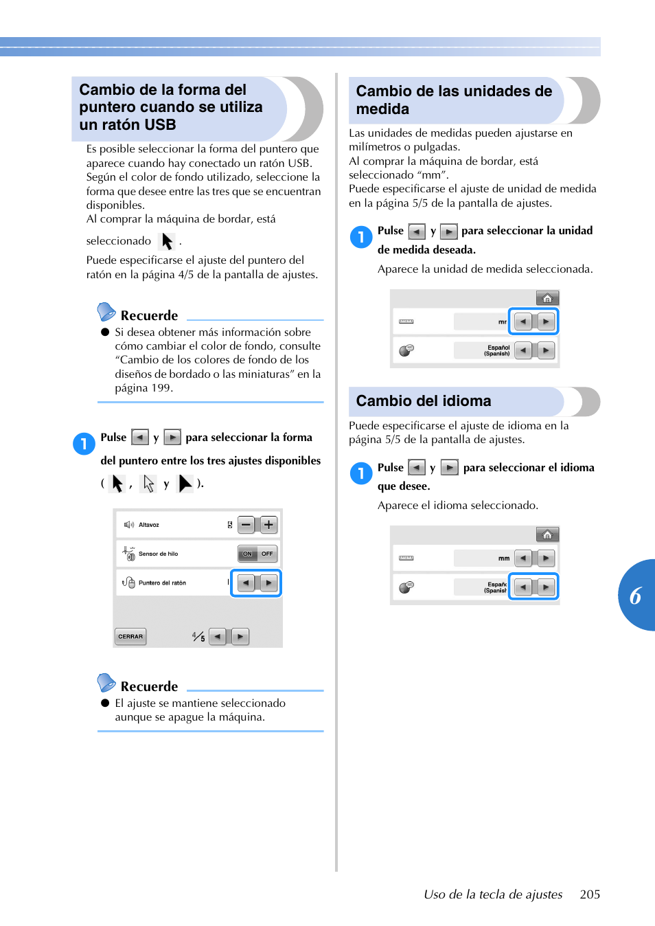 Cambio de las unidades de medida, Cambio del idioma | Brother PR655 User Manual | Page 207 / 280