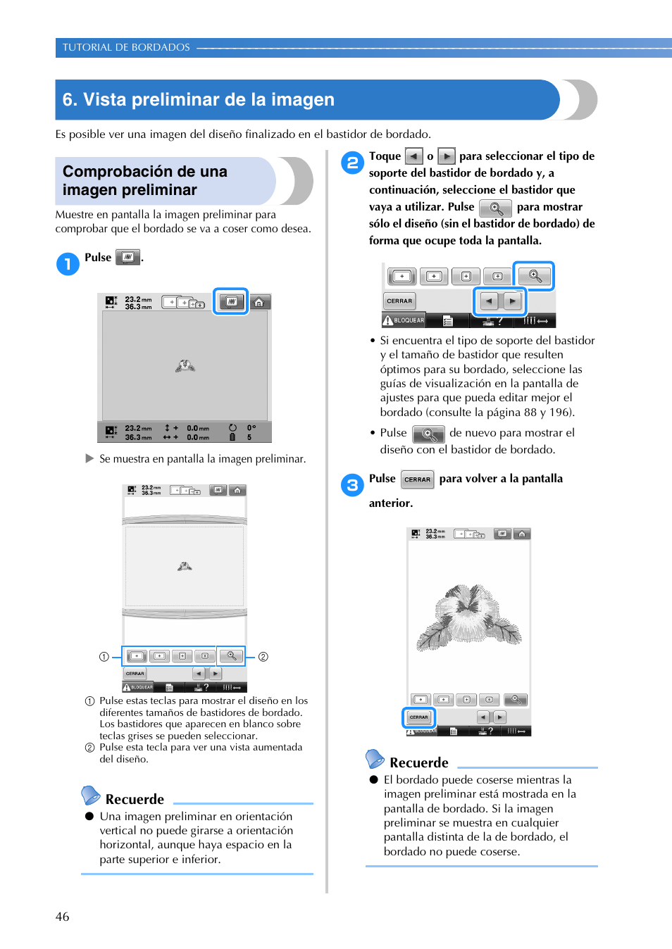 Vista preliminar de la imagen, Comprobación de una imagen preliminar, Recuerde | Brother PR655 User Manual | Page 48 / 280