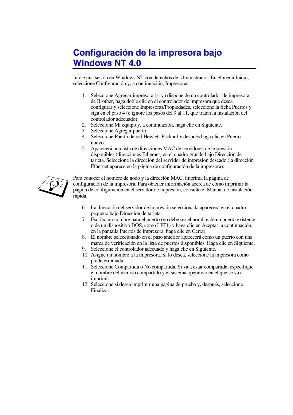 Configuración de la impresora bajo windows nt 4.0 | Brother HL-1470N User Manual | Page 91 / 132