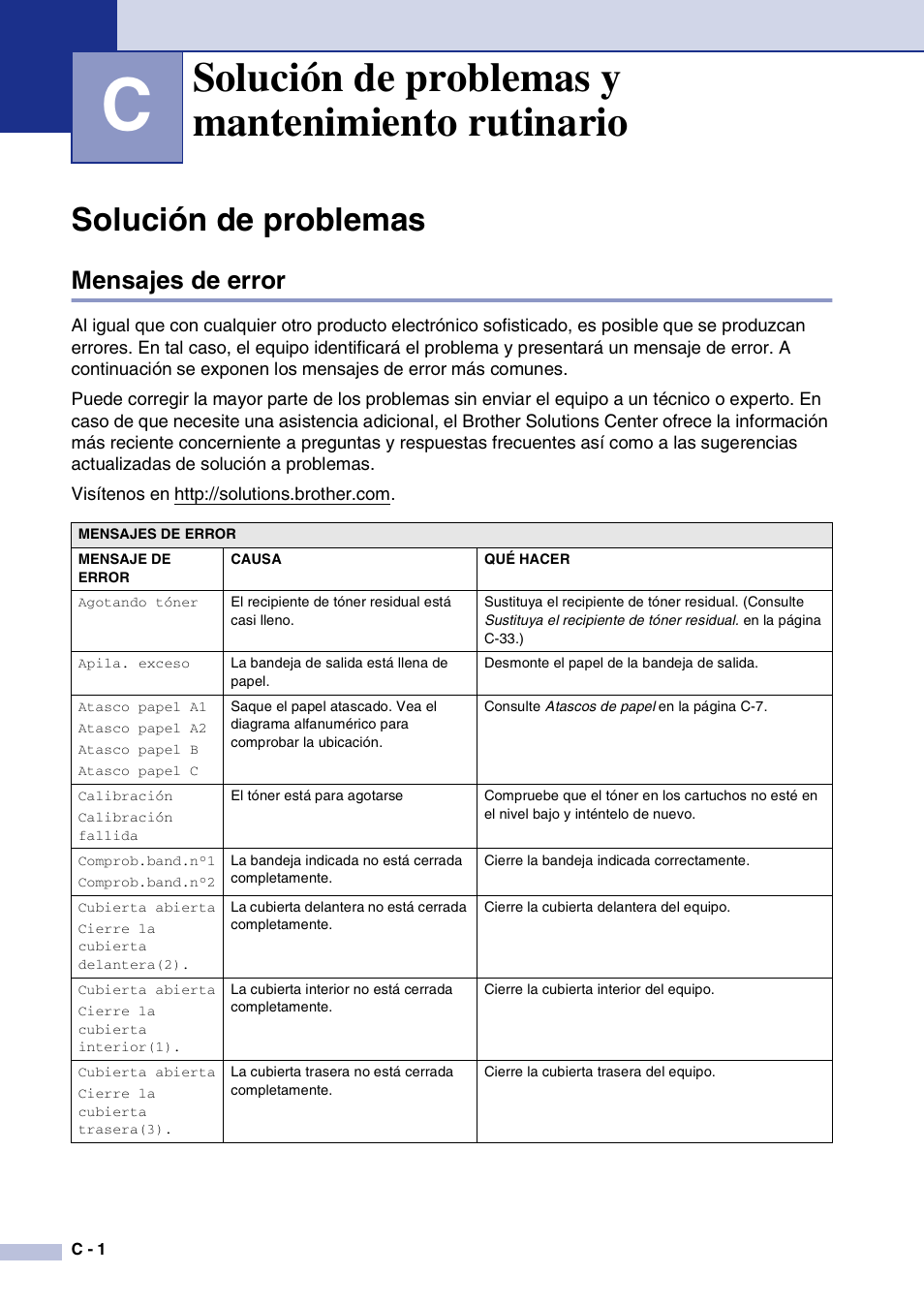 C solución de problemas y mantenimiento rutinario, Solución de problemas, Mensajes de error | Solución de problemas y mantenimiento rutinario, C. solución de problemas y mantenimiento rutinario | Brother MFC-9420CN User Manual | Page 116 / 184