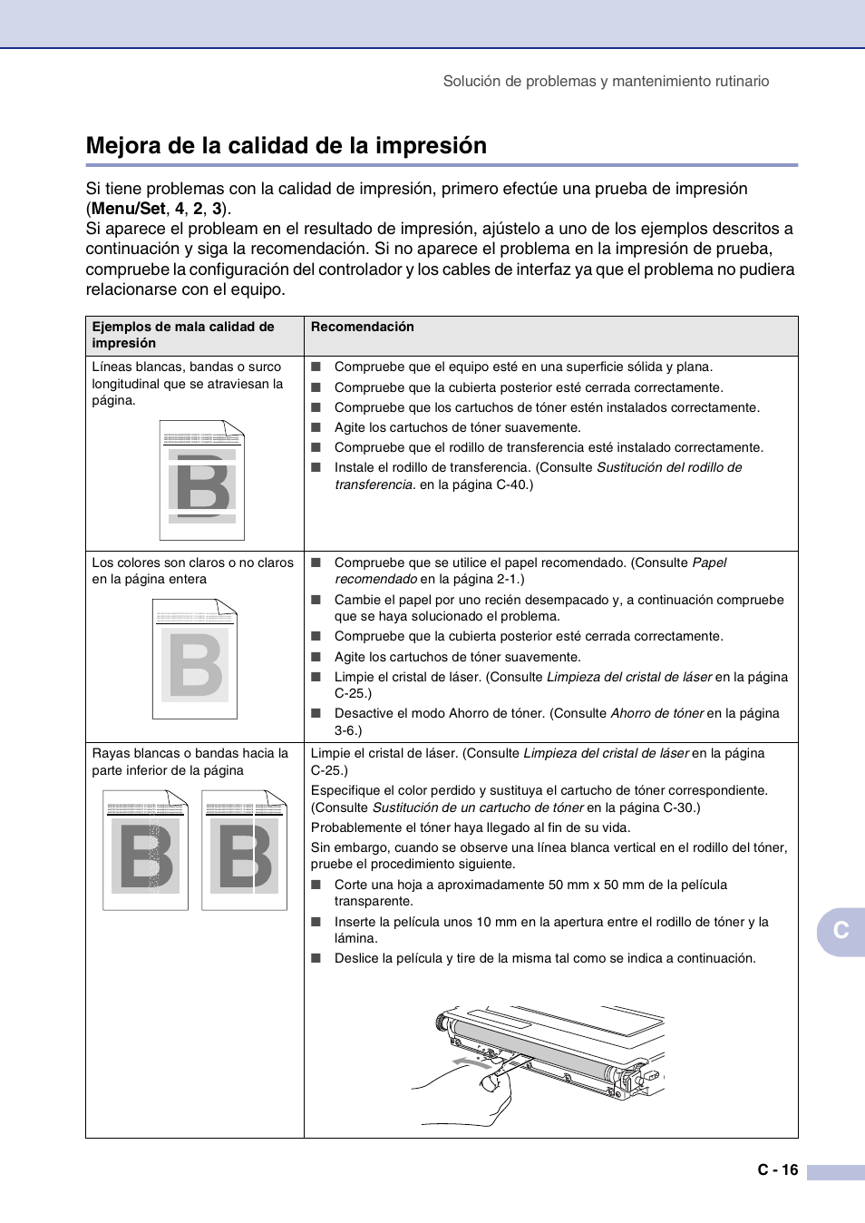 Mejora de la calidad de la impresión, Cmejora de la calidad de la impresión | Brother MFC-9420CN User Manual | Page 131 / 184