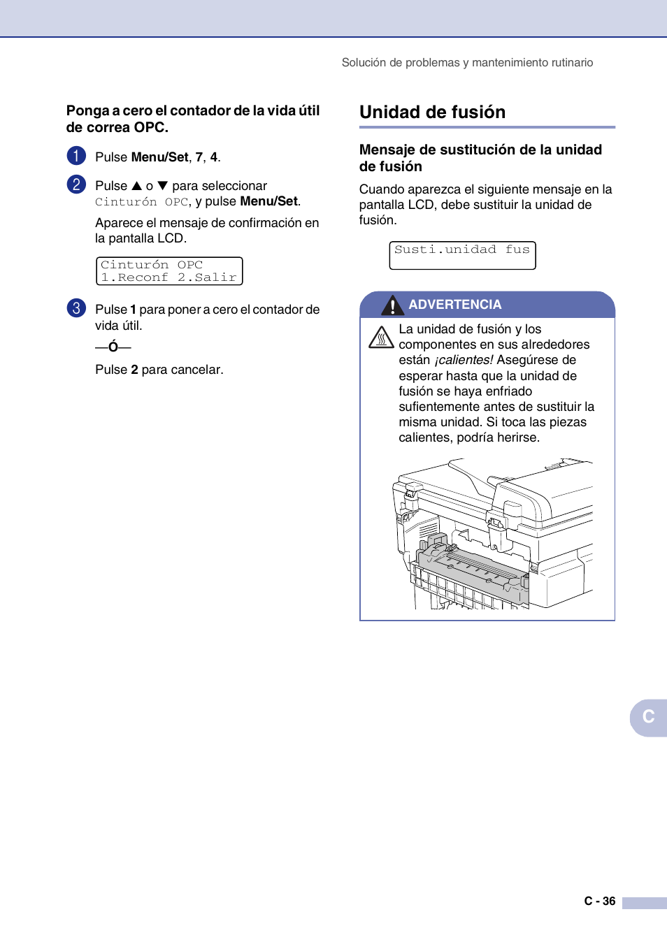 Unidad de fusión, Mensaje de sustitución de la unidad de fusión, C-36 | Brother MFC-9420CN User Manual | Page 151 / 184