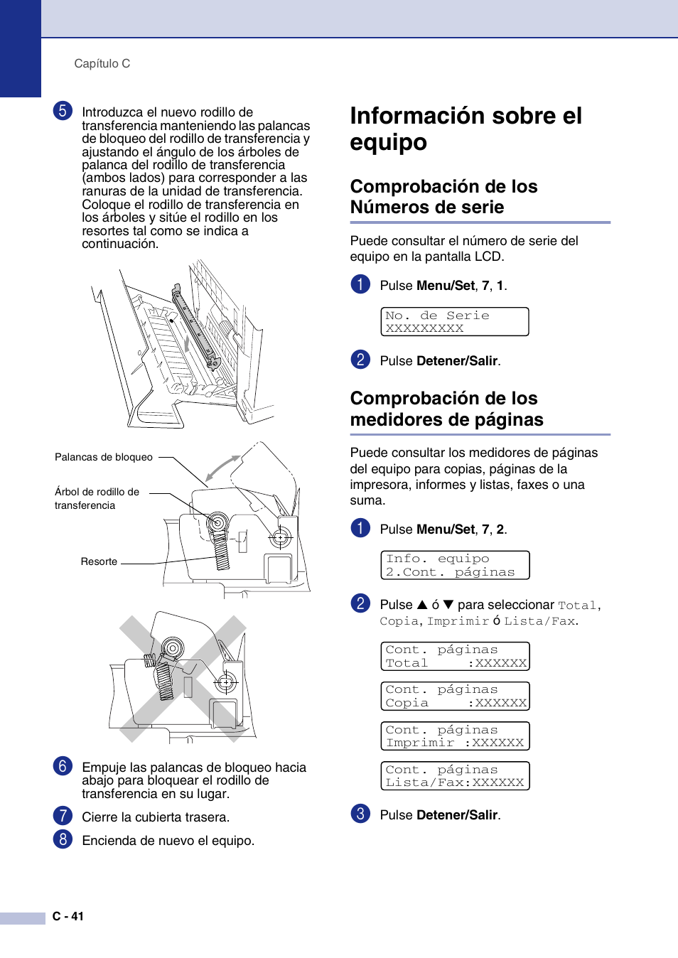 Información sobre el equipo, Comprobación de los números de serie, C-41 | Comprobación de los medidores de páginas | Brother MFC-9420CN User Manual | Page 156 / 184