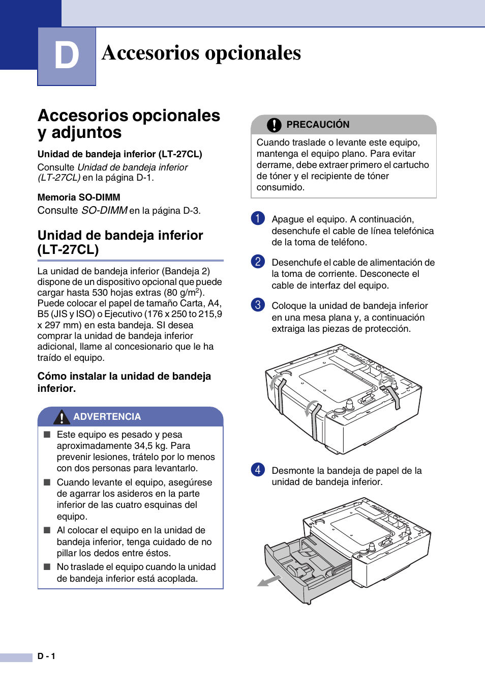 D accesorios opcionales, Accesorios opcionales y adjuntos, Unidad de bandeja inferior (lt-27cl) | Cómo instalar la unidad de bandeja inferior, Accesorios opcionales, D. accesorios opcionales | Brother MFC-9420CN User Manual | Page 160 / 184