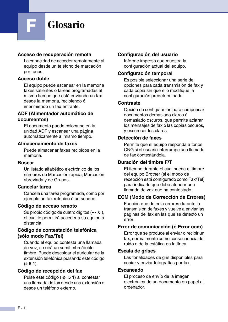 F glosario, Glosario, F. glosario | Brother MFC-9420CN User Manual | Page 174 / 184