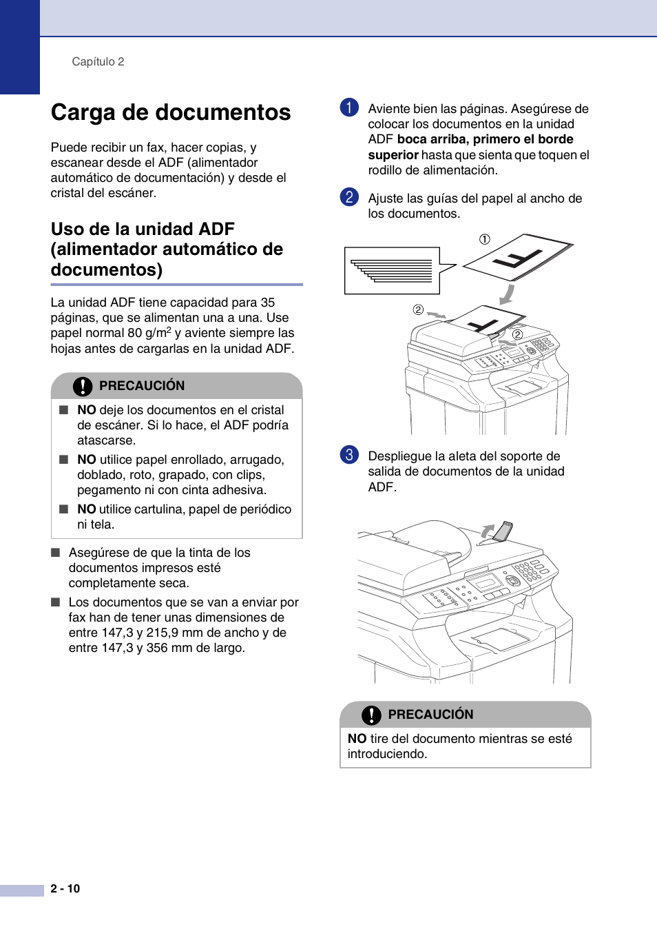 Carga de documentos, Carga de documentos -10 | Brother MFC-9420CN User Manual | Page 30 / 184