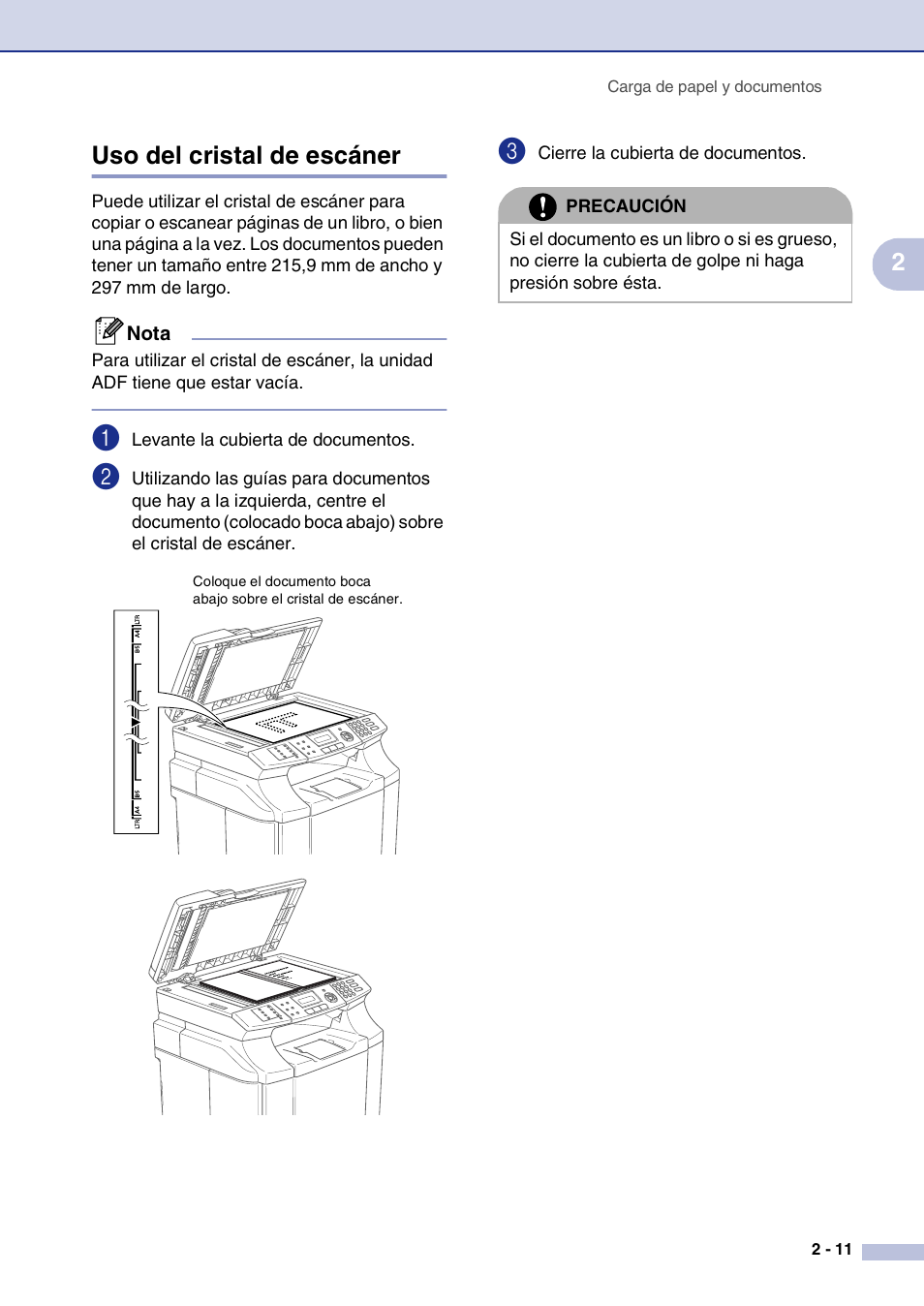 Uso del cristal de escáner, Uso del cristal de escáner -11, 2uso del cristal de escáner | Brother MFC-9420CN User Manual | Page 31 / 184