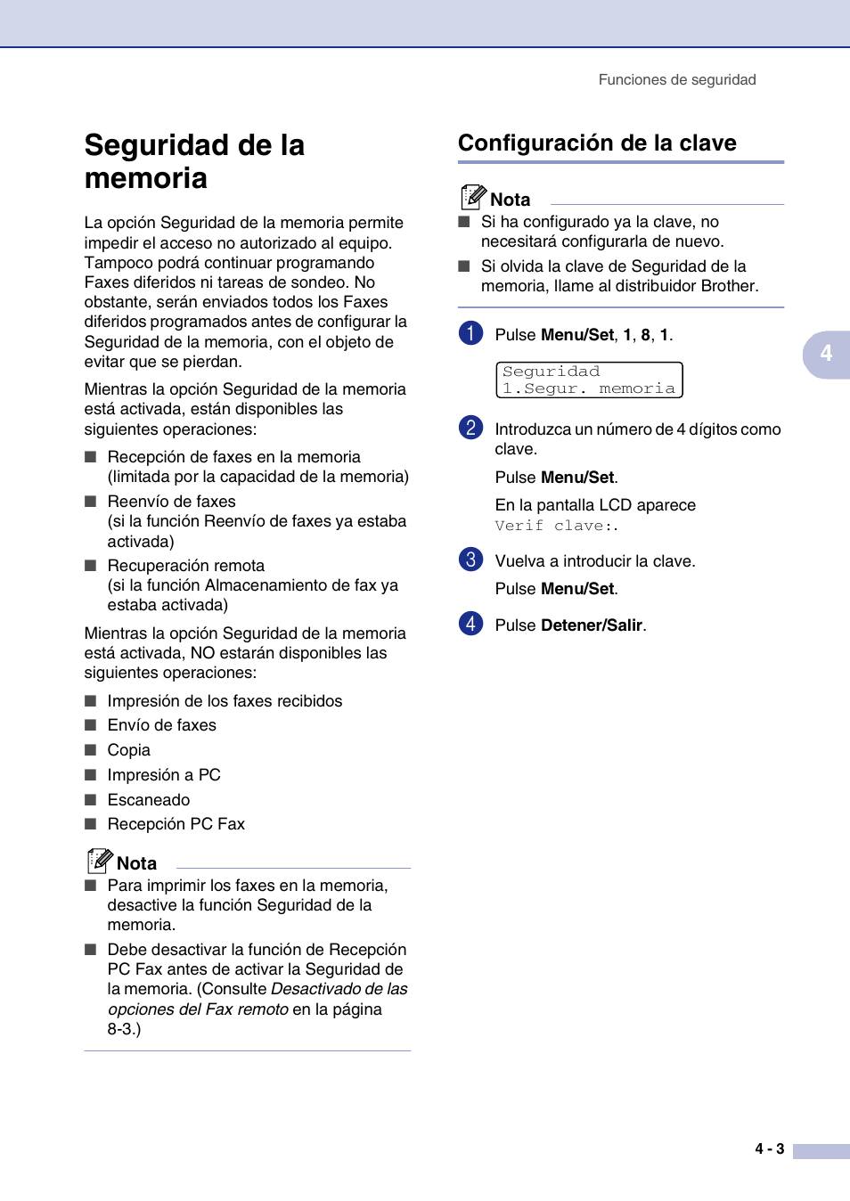 Seguridad de la memoria, Configuración de la clave, Seguridad de la memoria -3 | Configuración de la clave -3 | Brother MFC-9420CN User Manual | Page 43 / 184