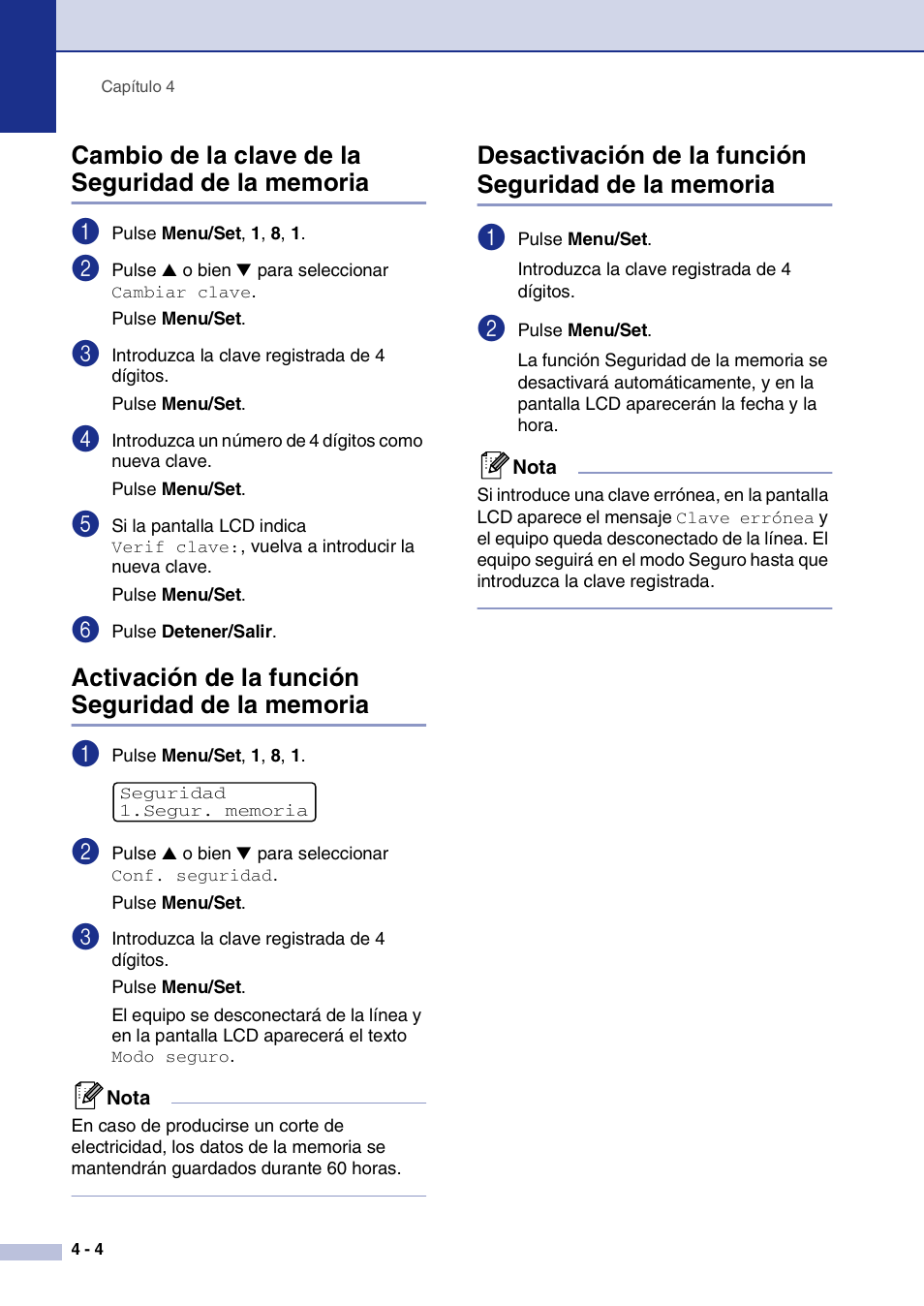 Cambio de la clave de la seguridad de la memoria, Activación de la función seguridad de la memoria | Brother MFC-9420CN User Manual | Page 44 / 184