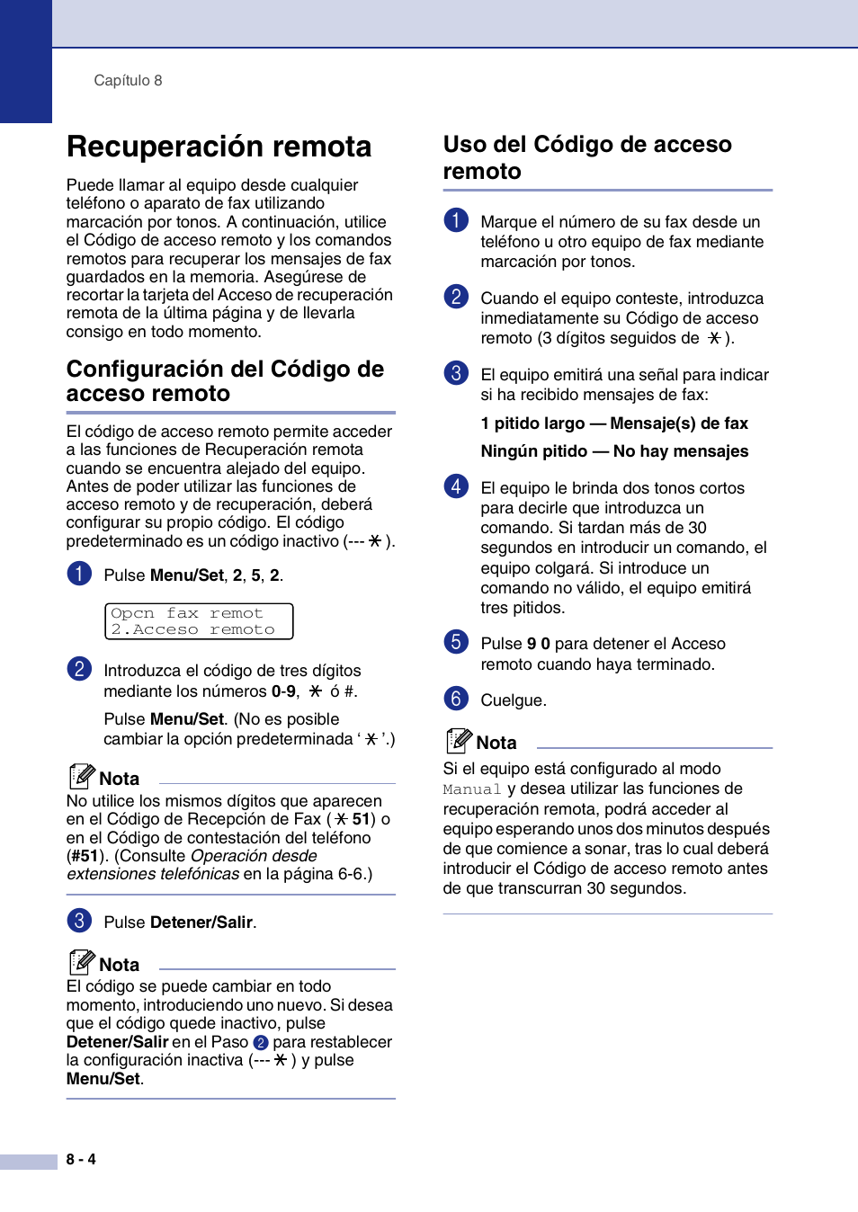 Recuperación remota, Configuración del código de acceso remoto, Uso del código de acceso remoto | Recuperación remota -4 | Brother MFC-9420CN User Manual | Page 72 / 184