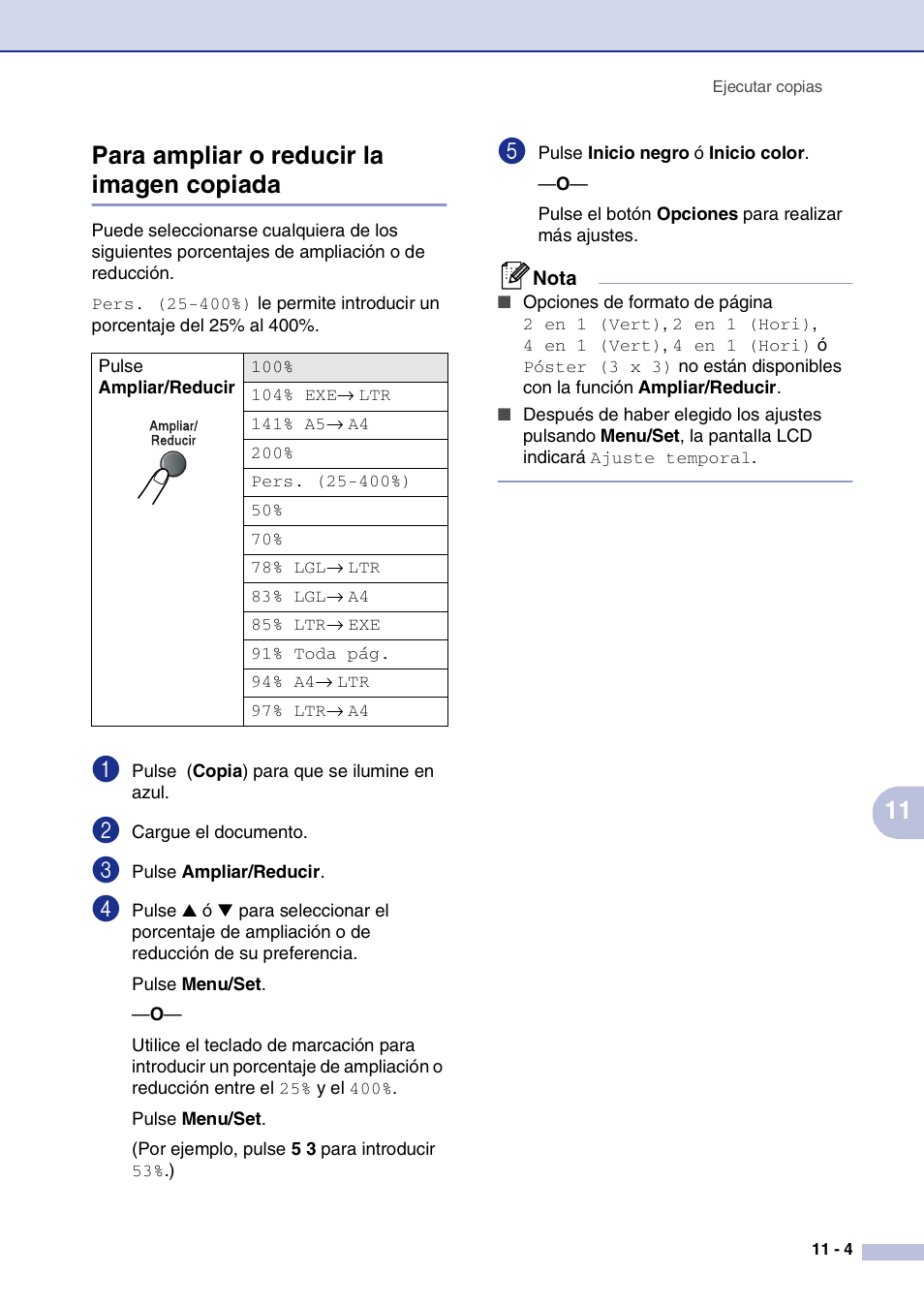 Para ampliar o reducir la imagen copiada, Para ampliar o reducir la imagen copiada -4, 11 para ampliar o reducir la imagen copiada | Brother MFC-9420CN User Manual | Page 85 / 184