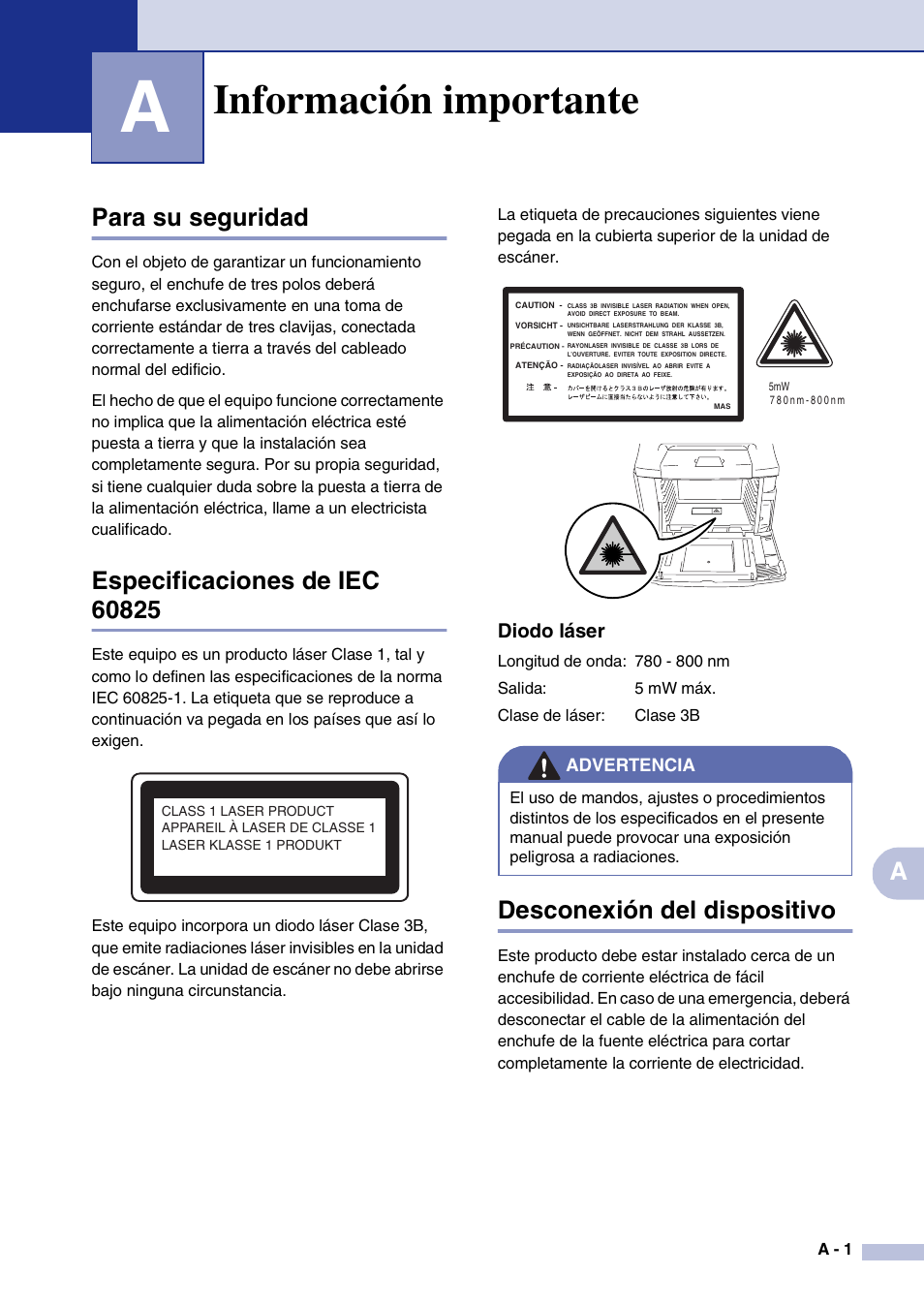 A información importante, Para su seguridad, Especificaciones de iec 60825 | Diodo láser, Desconexión del dispositivo, Información importante, A. información importante, Apara su seguridad | Brother MFC-9420CN User Manual | Page 93 / 184