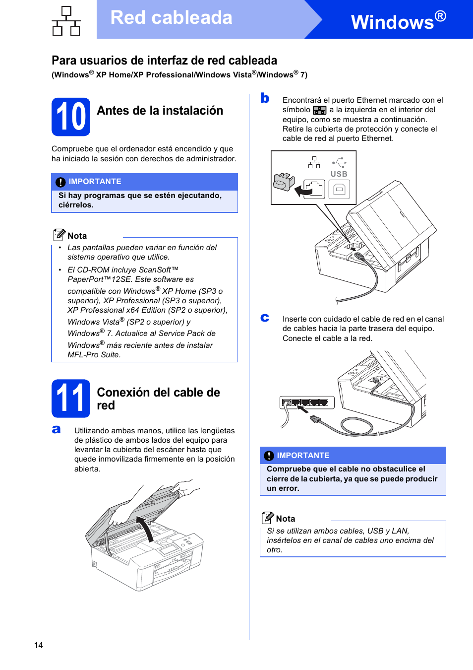 10 antes de la instalación, 11 conexión del cable de red, Windows | Red cableada, Para usuarios de interfaz de red cableada, Antes de la instalación, Conexión del cable de red | Brother DCP-J925DW User Manual | Page 14 / 38