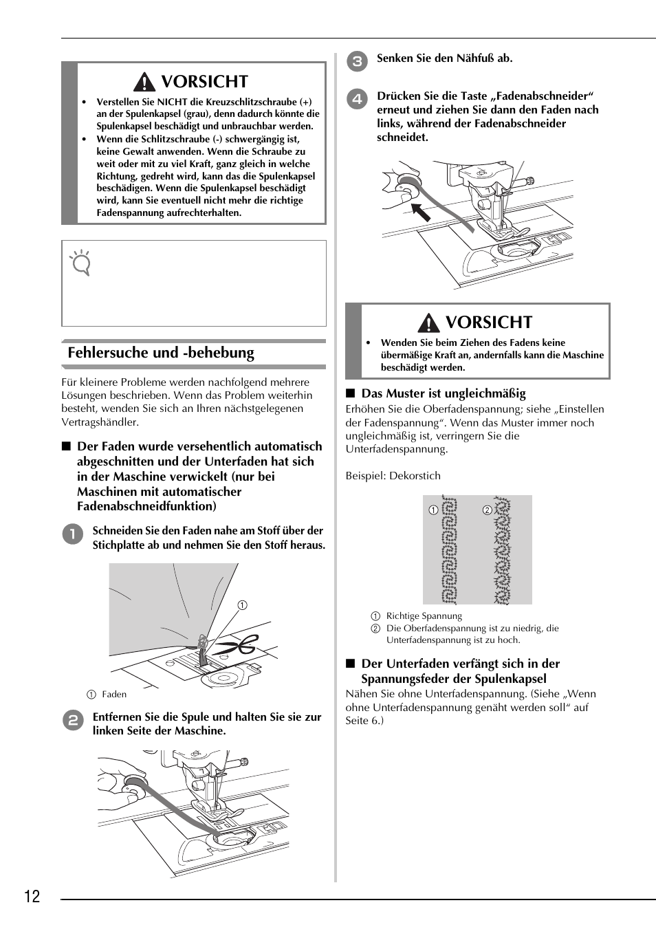 Vorsicht, Fehlersuche und -behebung | Brother Innov-is 2200 User Manual | Page 26 / 88