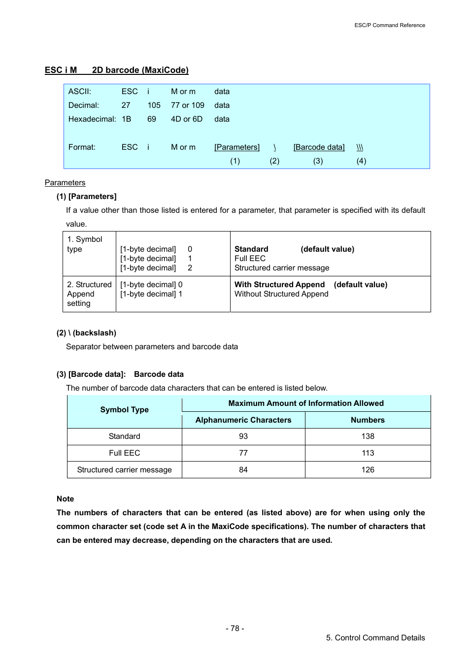 Esc i m 2d barcode (maxicode), Esc i m, 2d barcode (maxicode) | Brother RJ-4040 User Manual | Page 84 / 116