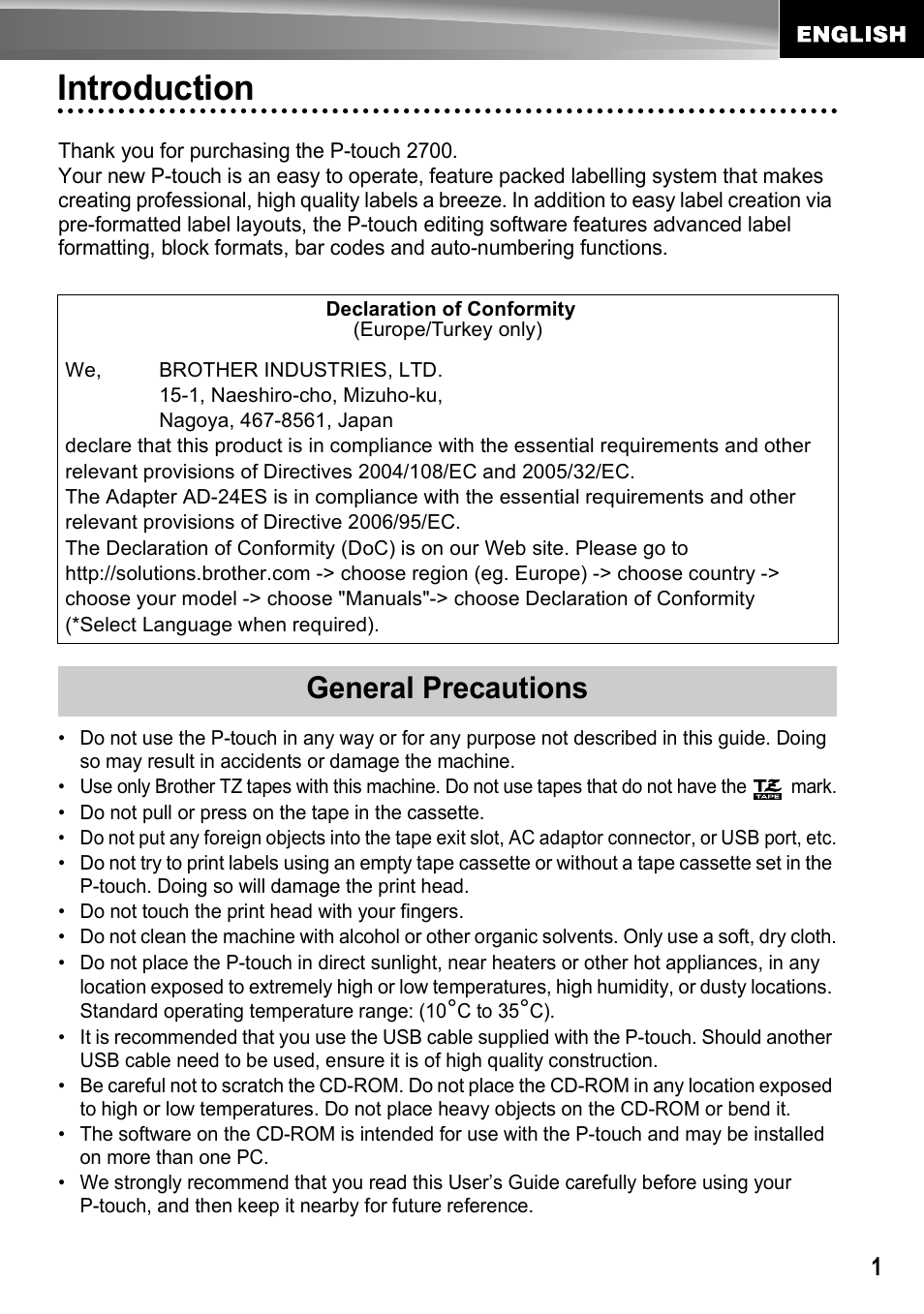 English, Introduction, General precautions | Brother PT-2700 User Manual | Page 2 / 62