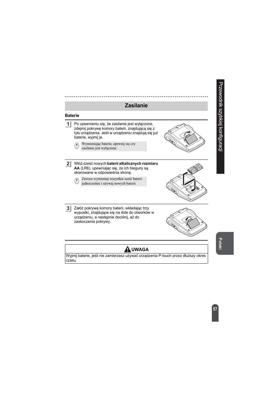 Zasilanie, Baterie | Brother PT-2100 User Manual | Page 58 / 92