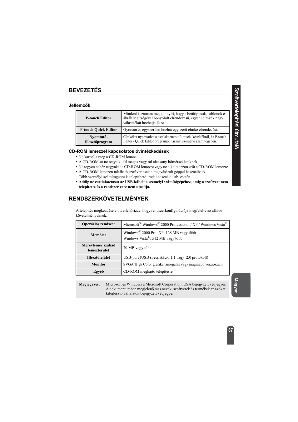 Szoftvertelepítési útmutató, Bevezetés, Rendszerkövetelmények | Brother PT-2100 User Manual | Page 88 / 92