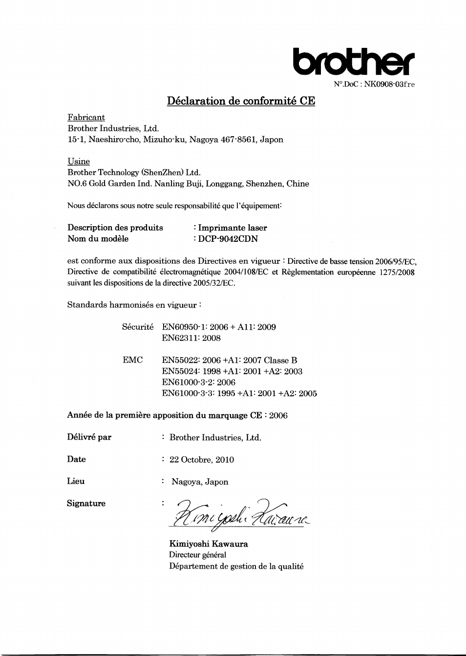 Déclaration de conformité ce, Brother | Brother DCP-9042CDN User Manual | Page 6 / 21