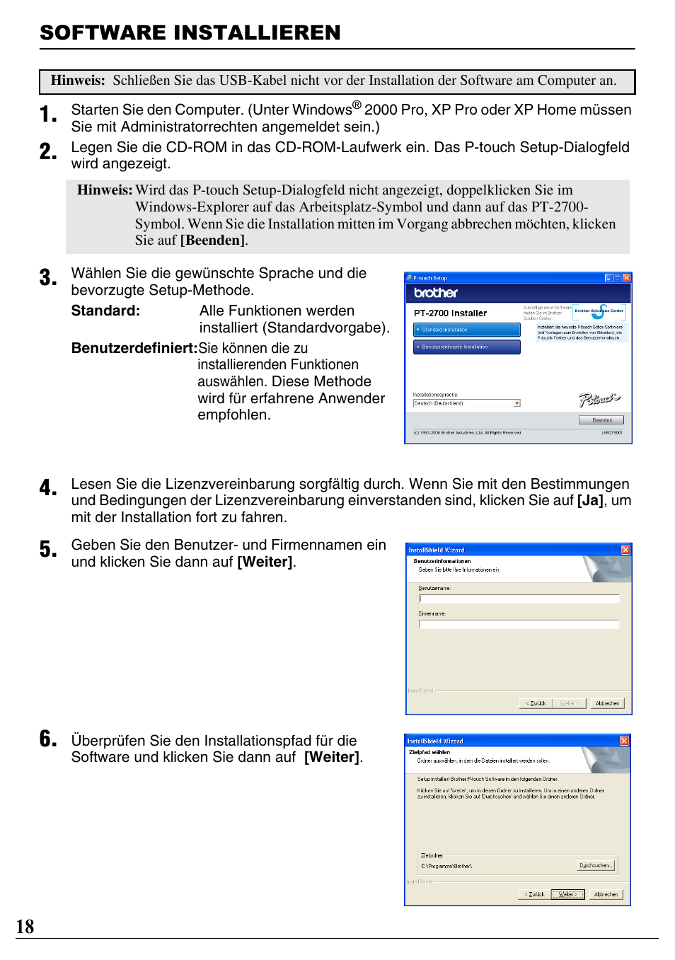 Software installieren, 18 software installieren | Brother PT-2700 User Manual | Page 19 / 90