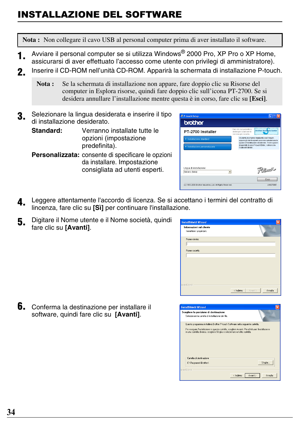 Installazione del software, 34 installazione del software | Brother PT-2700 User Manual | Page 35 / 90