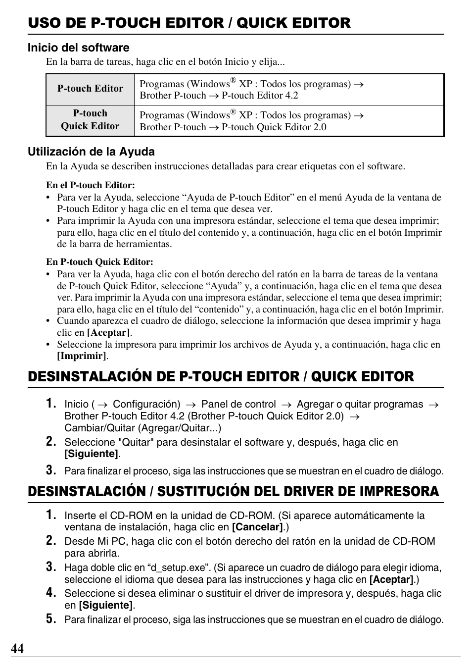 Uso de p-touch editor / quick editor, Desinstalación de p-touch editor / quick editor, 44 uso de p-touch editor / quick editor | Brother PT-2700 User Manual | Page 45 / 90