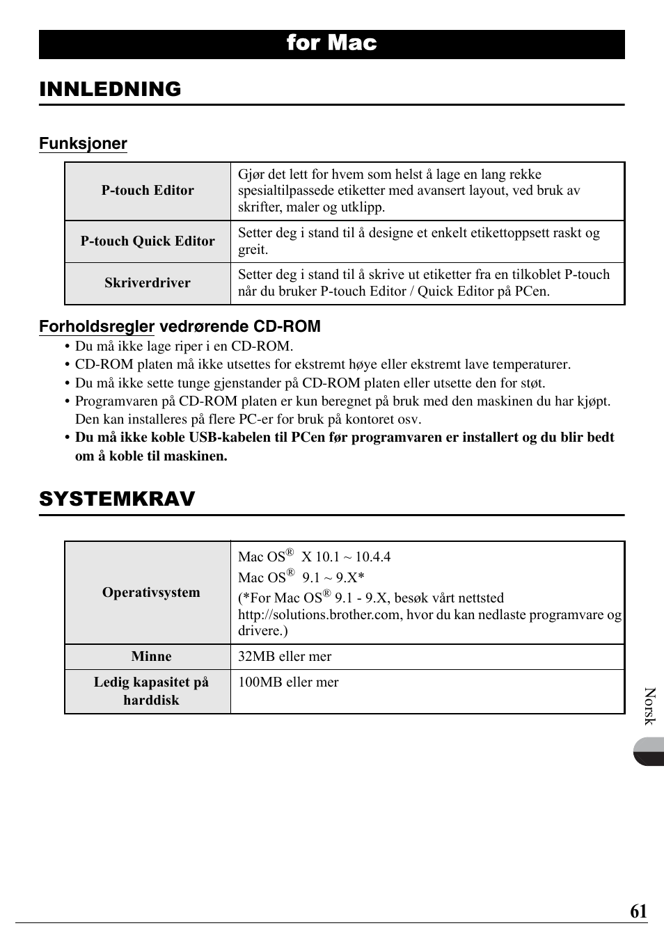 For mac, Innledning, Systemkrav | Brother PT-2700 User Manual | Page 62 / 90