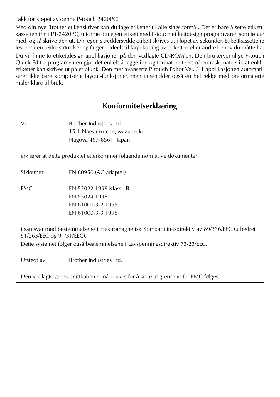 Konformitetserklæring | Brother PT-2420PC User Manual | Page 158 / 280