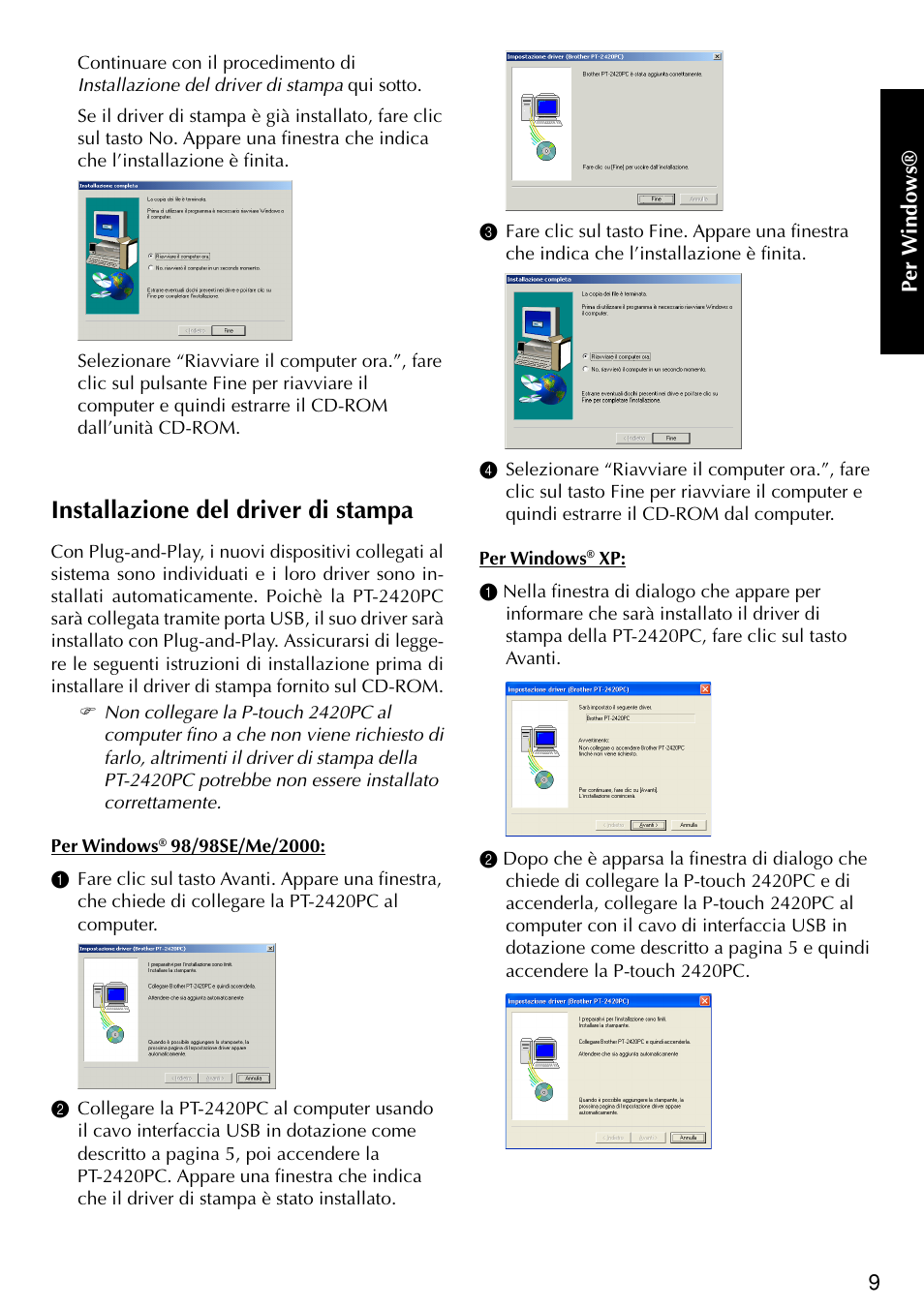 Installazione del driver di stampa | Brother PT-2420PC User Manual | Page 197 / 280