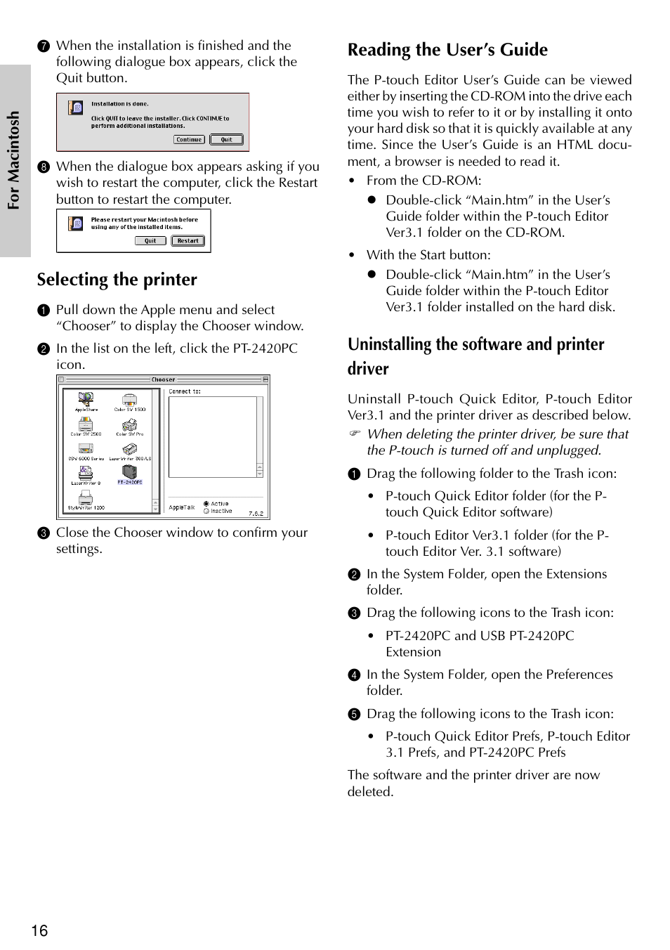Selecting the printer, Reading the user’s guide, Uninstalling the software and printer driver | Brother PT-2420PC User Manual | Page 20 / 280