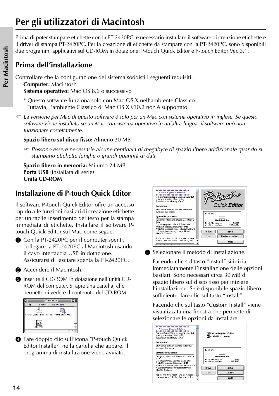 Per gli utilizzatori di macintosh, Installazione di p-touch quick editor, Prima dell’installazione | Brother PT-2420PC User Manual | Page 202 / 280