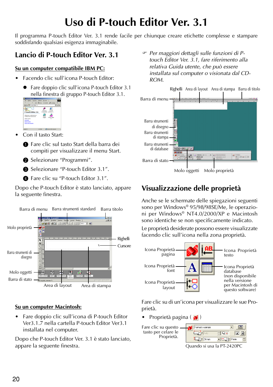 Uso di p-touch editor ver. 3.1, Lancio di p-touch editor ver. 3.1, Visualizzazione delle proprietà | Brother PT-2420PC User Manual | Page 208 / 280