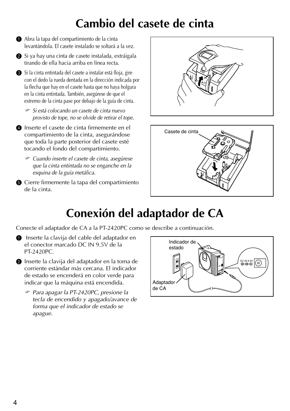 Cambio del casete de cinta, Conexión del adaptador de ca | Brother PT-2420PC User Manual | Page 222 / 280