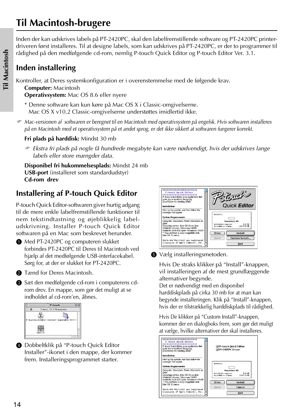 Til macintosh-brugere, Installering af p-touch quick editor, Inden installering | Brother PT-2420PC User Manual | Page 262 / 280
