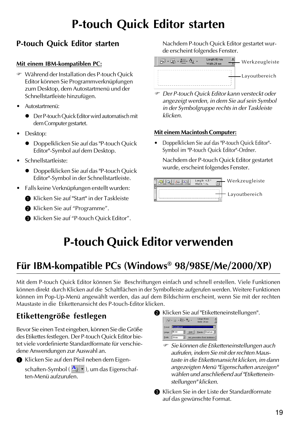 P-touch quick editor starten, P-touch quick editor verwenden, Für ibm-kompatible pcs (windows | Etikettengröße festlegen | Brother PT-2420PC User Manual | Page 83 / 280