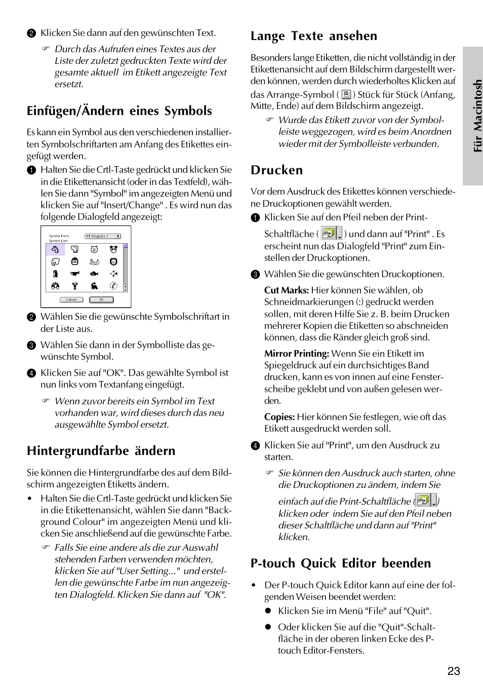 Einfügen/ändern eines symbols, Hintergrundfarbe ändern, Lange texte ansehen | Drucken, P-touch quick editor beenden | Brother PT-2420PC User Manual | Page 87 / 280