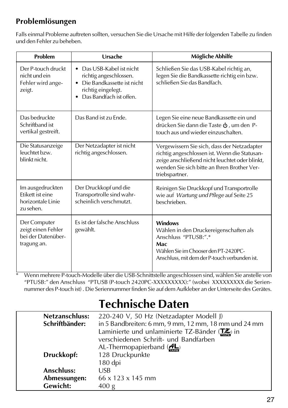 Technische daten, Problemlösungen | Brother PT-2420PC User Manual | Page 91 / 280