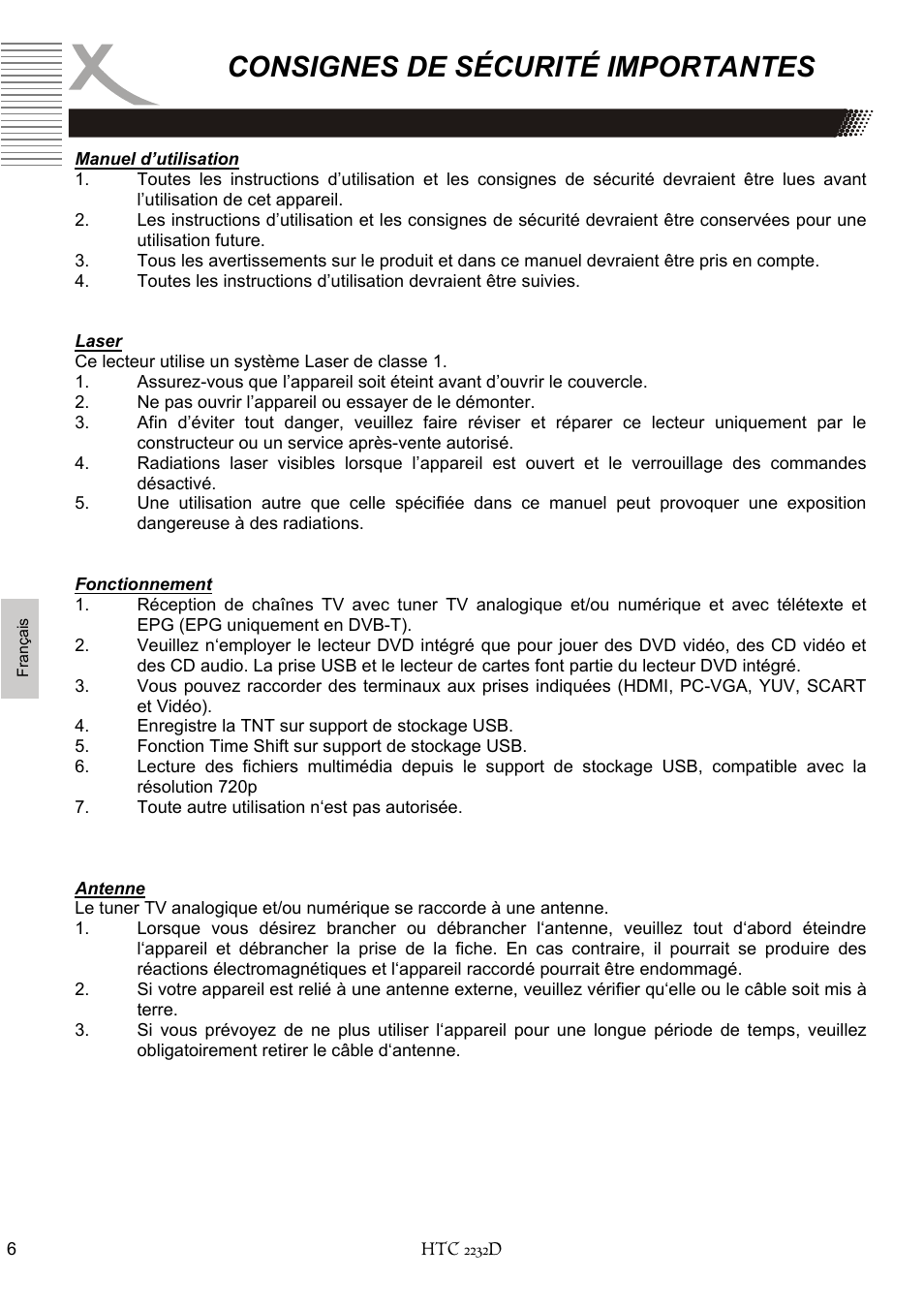 Consignes de sécurité importantes | Xoro HTC 2232D User Manual | Page 136 / 198