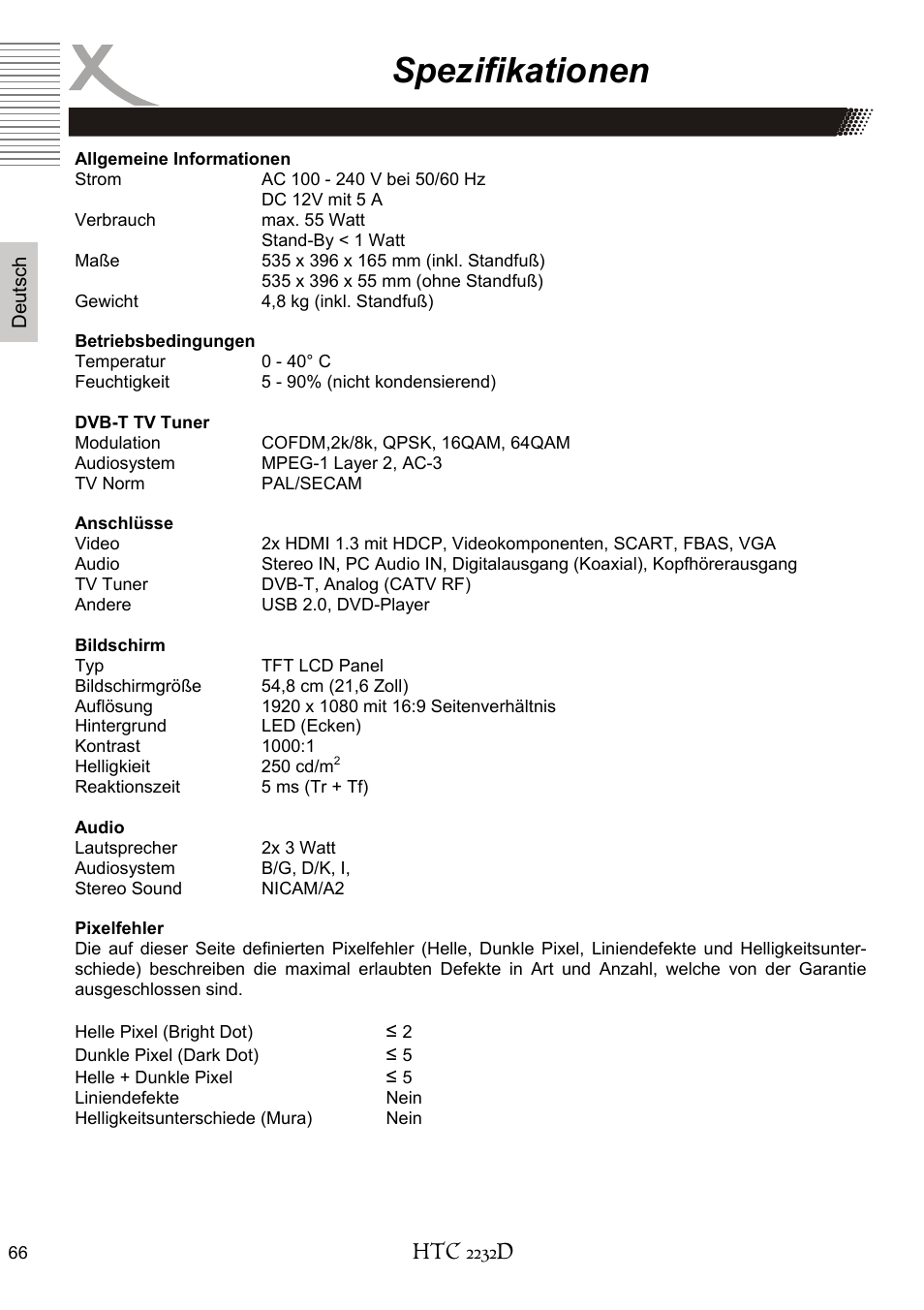 Spezifikationen, Htc 2232d | Xoro HTC 2232D User Manual | Page 66 / 198
