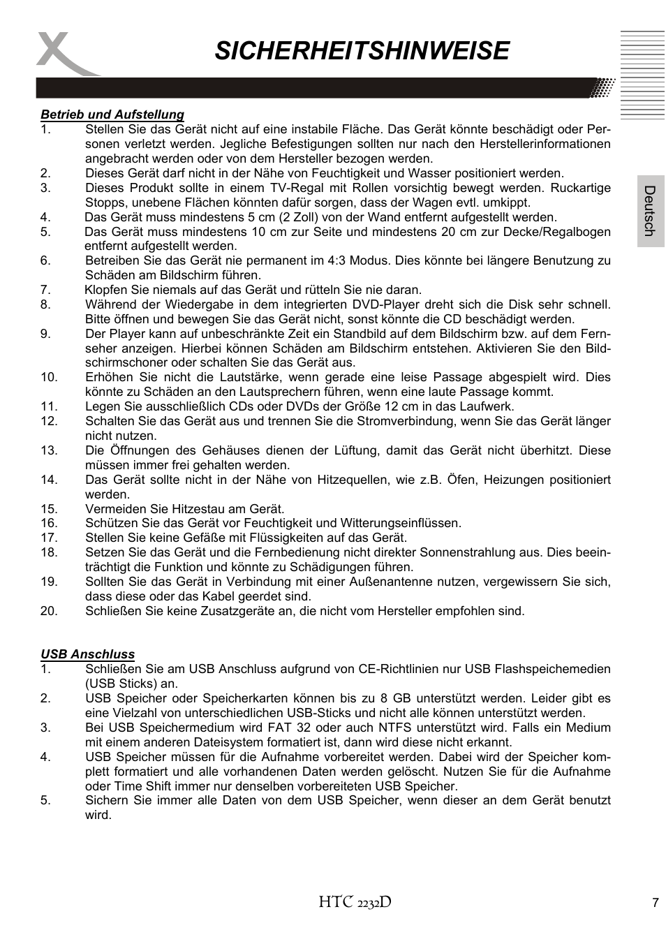 Sicherheitshinweise, Htc 2232d | Xoro HTC 2232D User Manual | Page 7 / 198