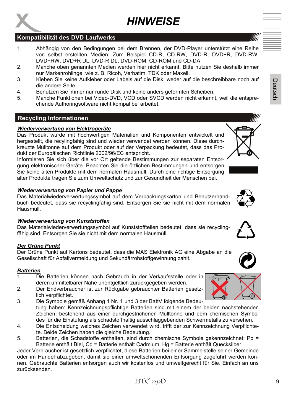 Vx x, Hinweise | Xoro HTC 2232D User Manual | Page 9 / 198