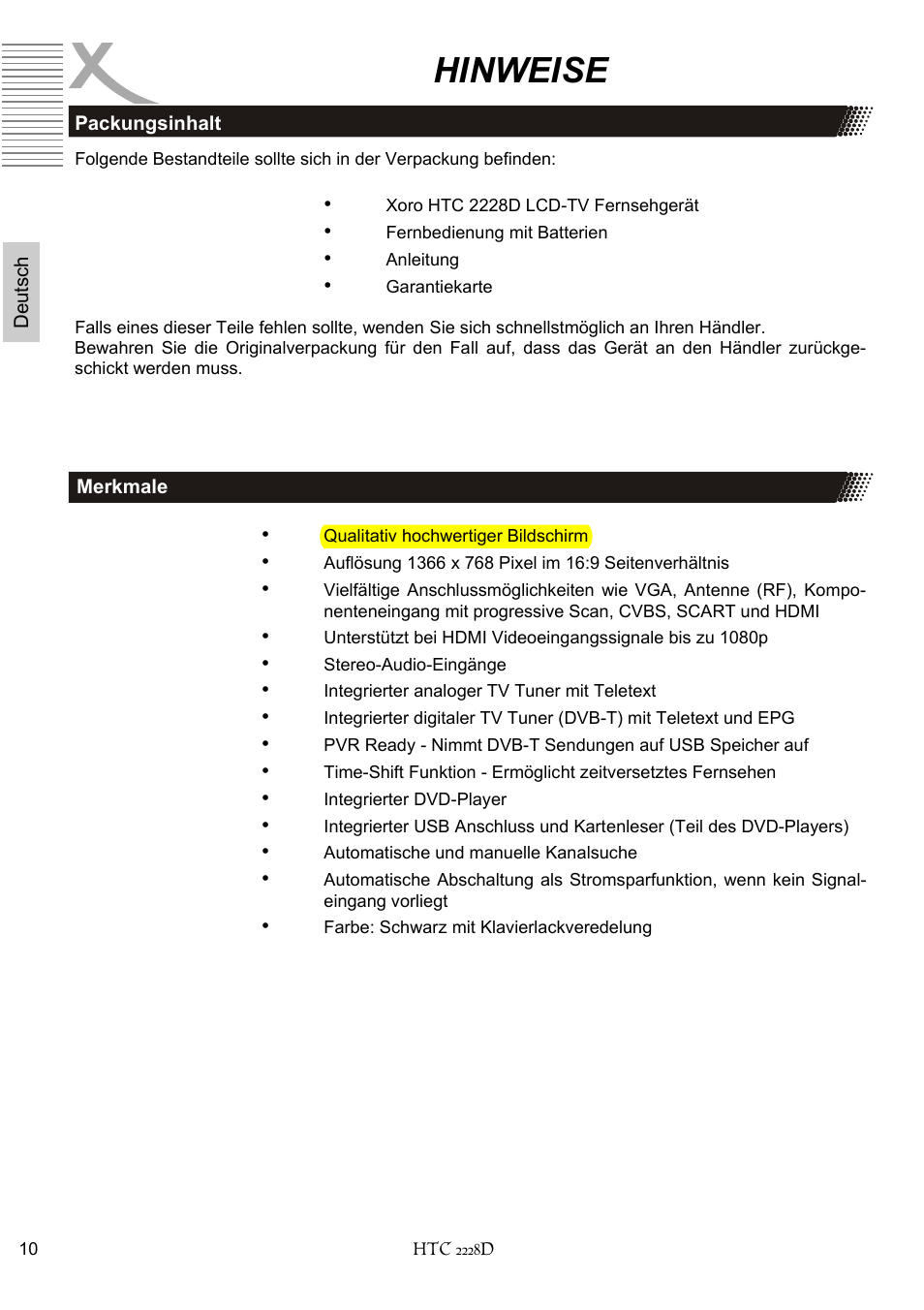 Hinweise | Xoro HTC 2228D User Manual | Page 10 / 174