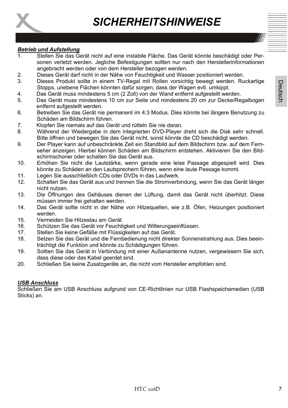 Sicherheitshinweise | Xoro HTC 2228D User Manual | Page 7 / 174