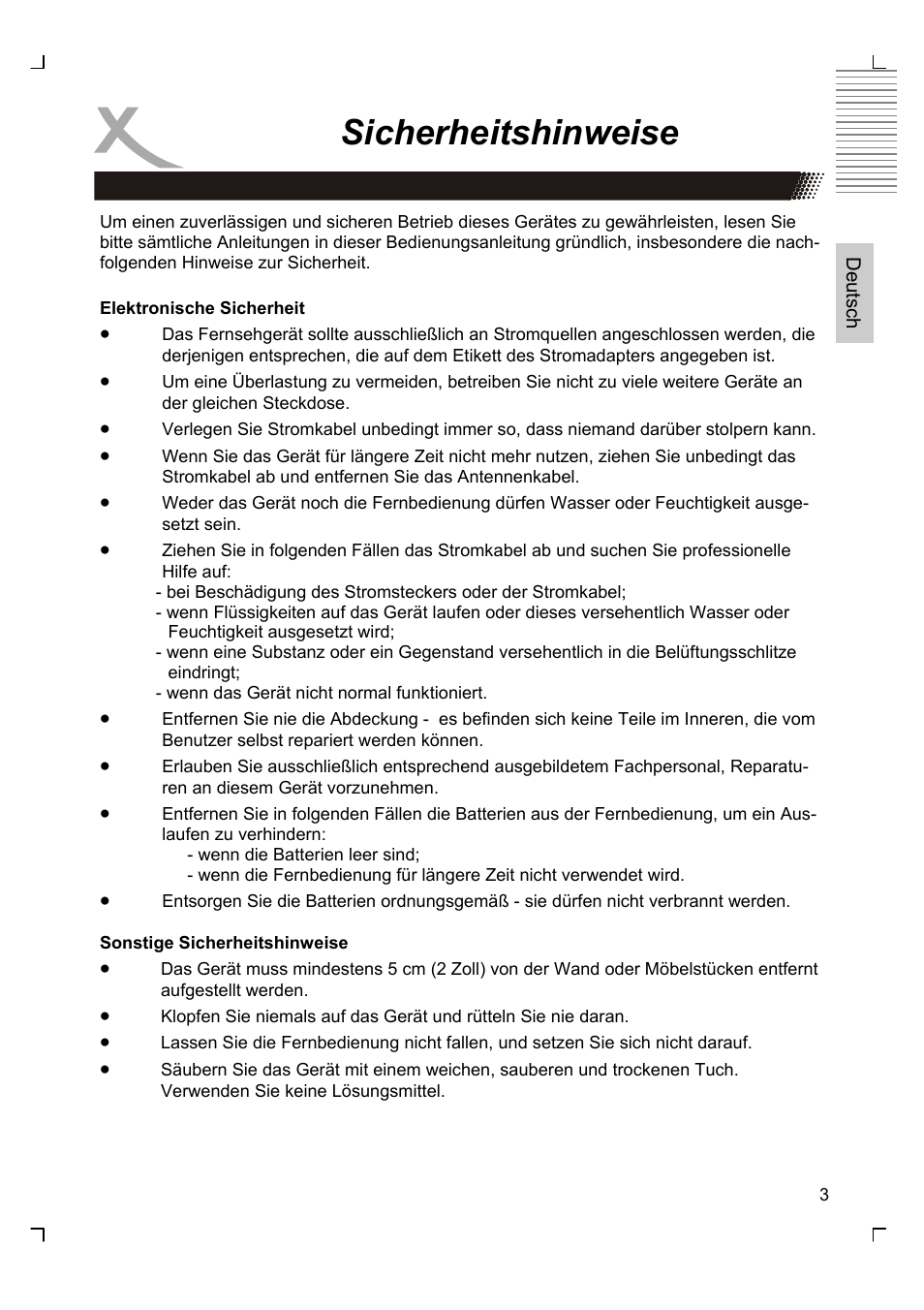 Sicherheitshinweise | Xoro HTC 1525D User Manual | Page 3 / 213