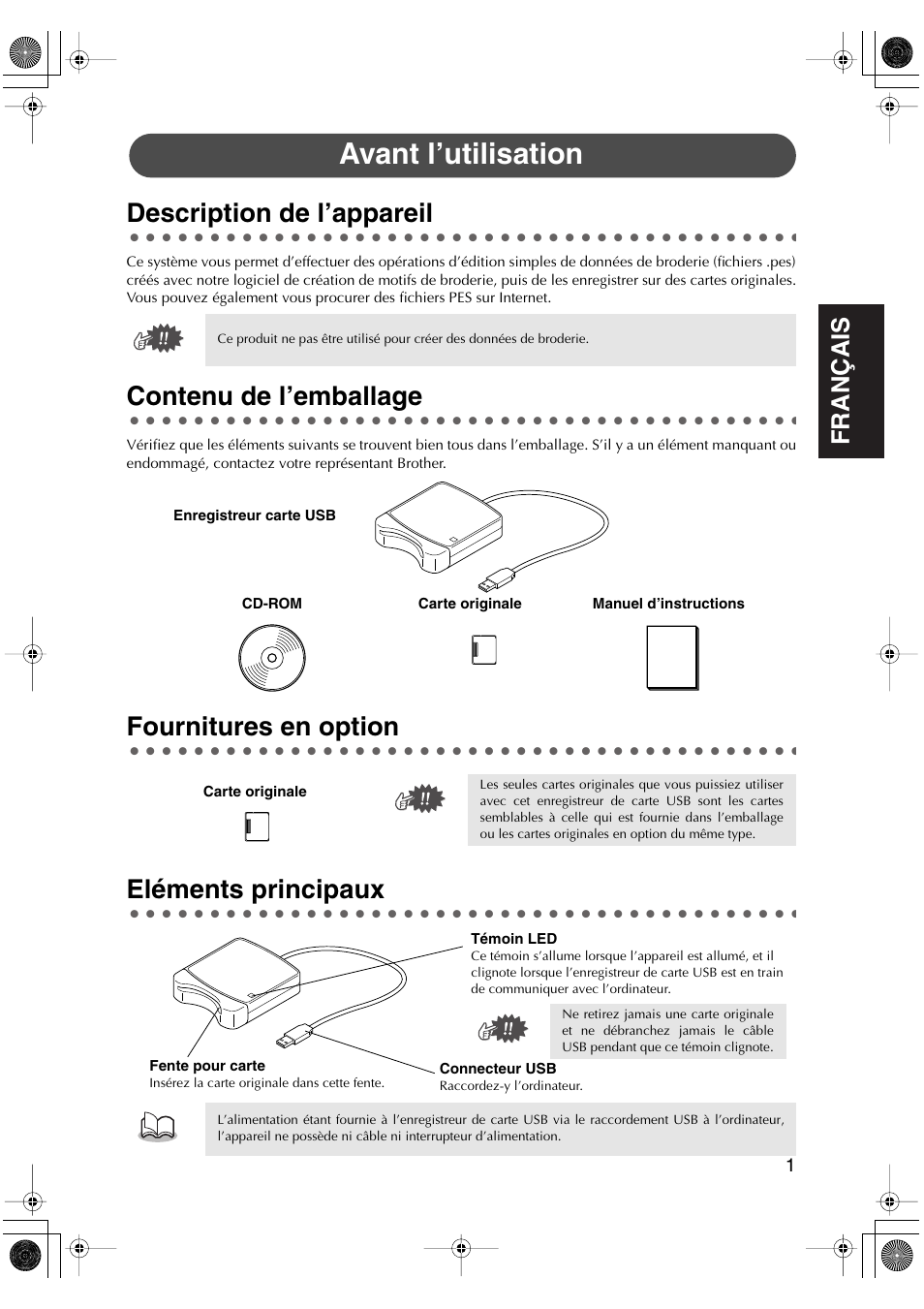 Avant l’utilisation, Description de l’appareil, Contenu de l’emballage | Fournitures en option, Eléments principaux, English fran ç ais english english english english | Brother PED-Basic User Manual | Page 21 / 100