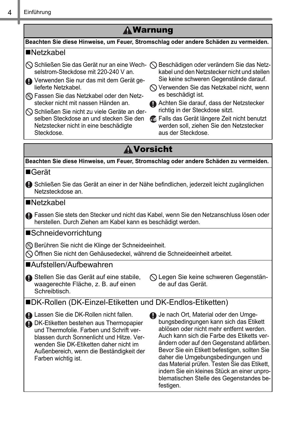 Vorsicht, Warnung | Brother QL-1060N User Manual | Page 36 / 121