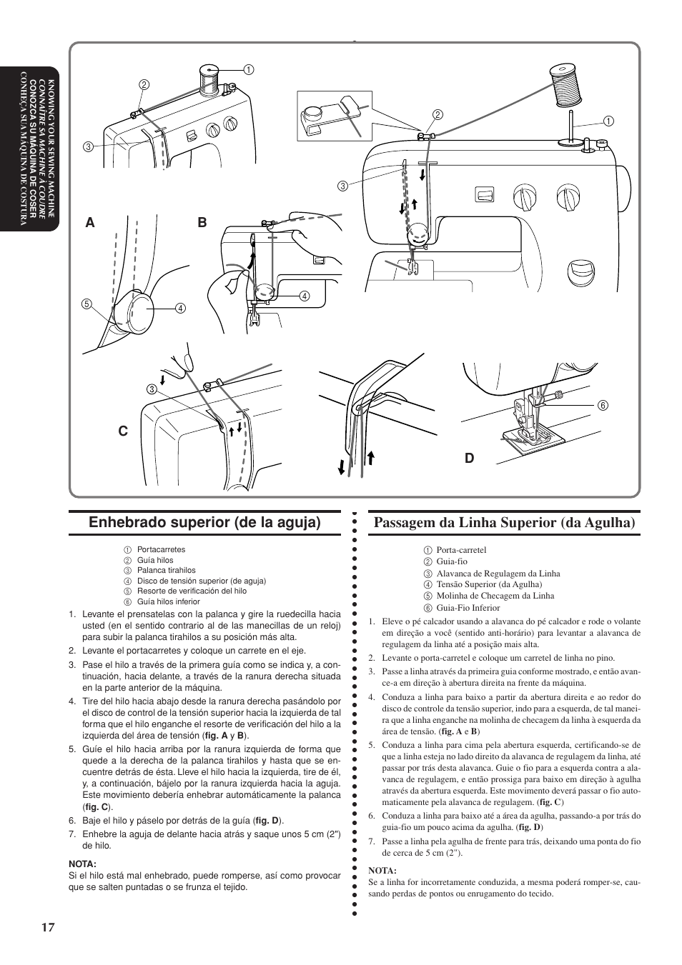 Enhebrado superior (de la aguja), Passagem da linha superior (da agulha), Ab c d | Brother LS-1717 User Manual | Page 27 / 82