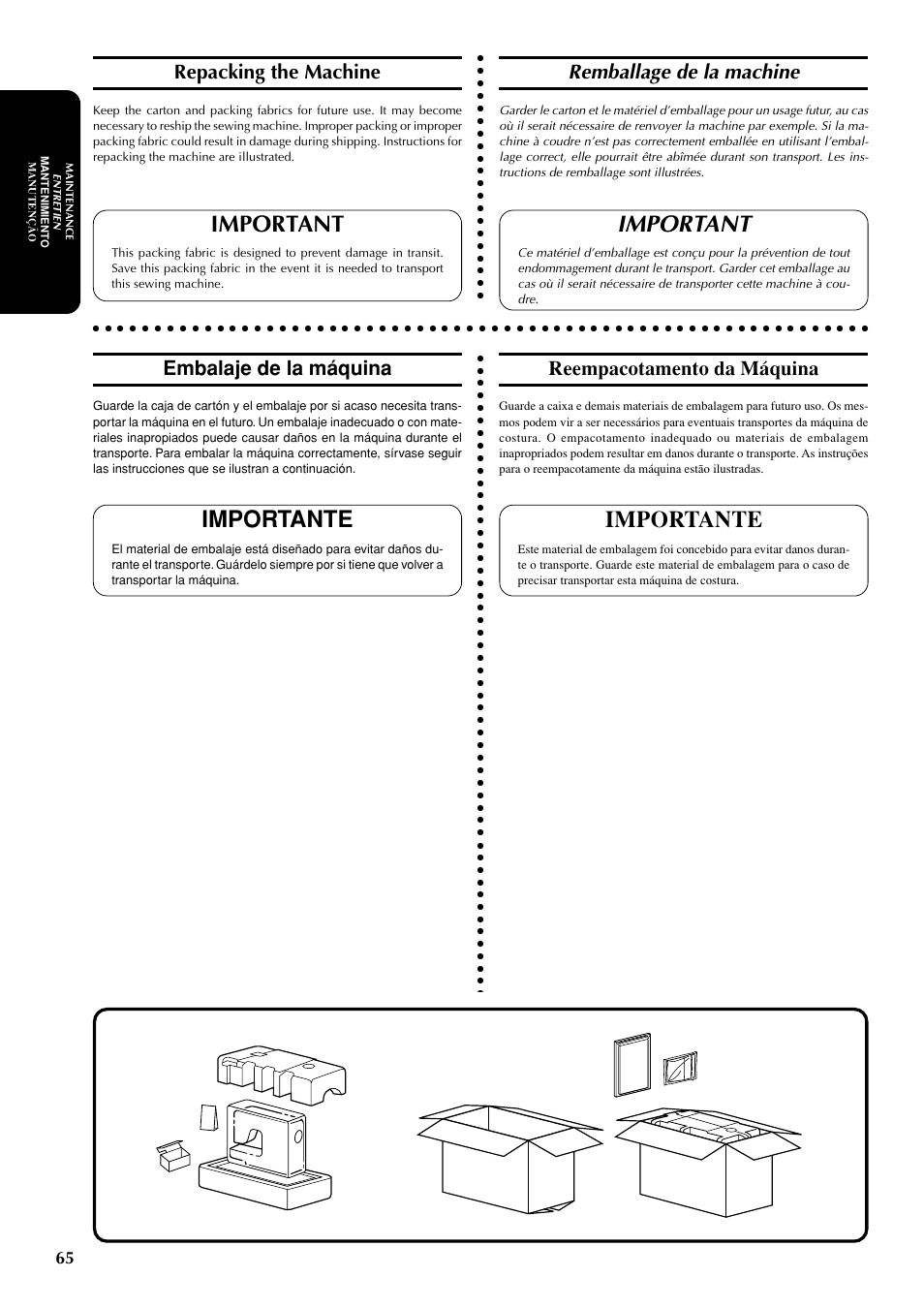 Important, Importante, Remballage de la machine | Repacking the machine, Embalaje de la máquina, Reempacotamento da máquina | Brother LS-1717 User Manual | Page 75 / 82