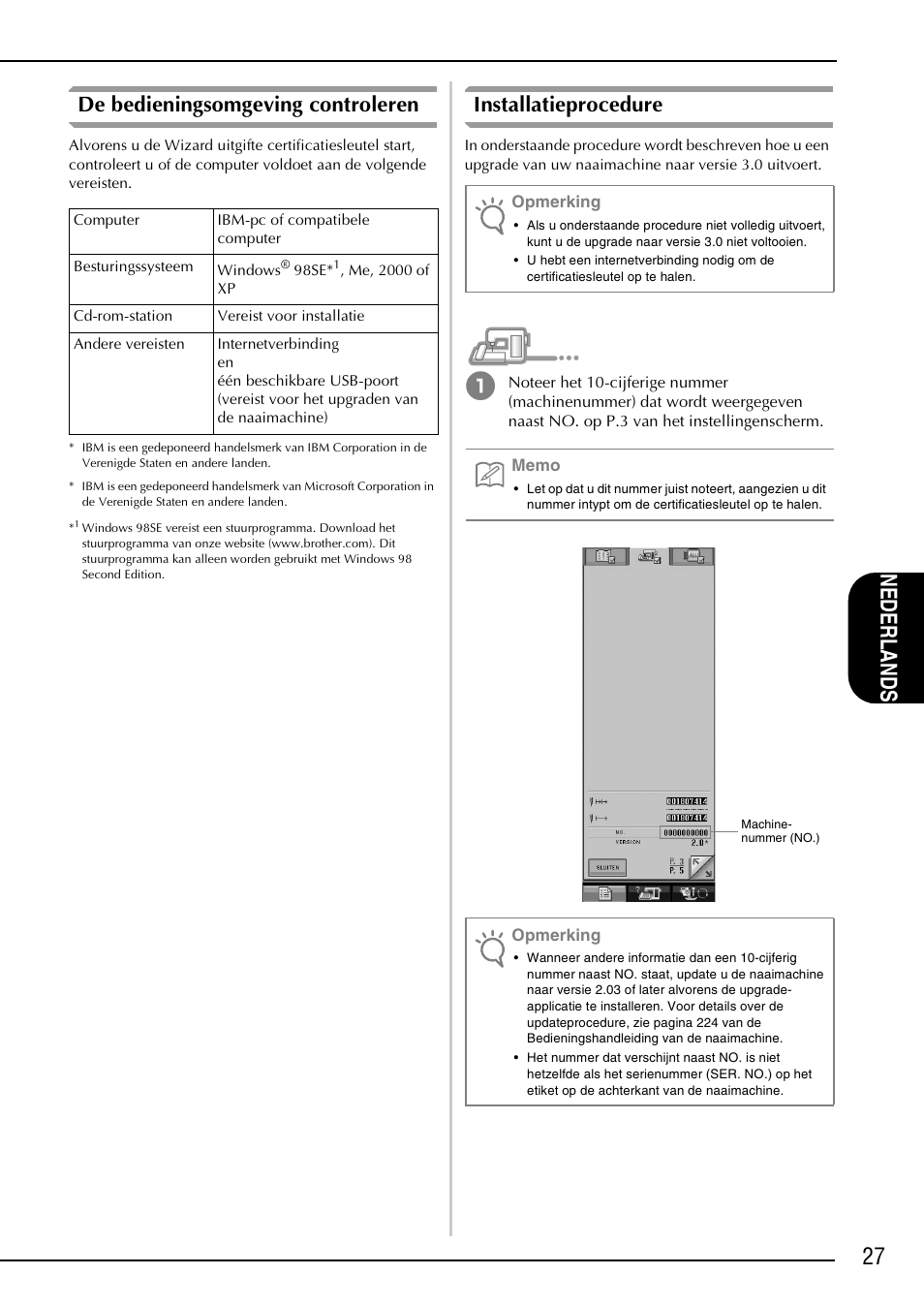 27 nede rlands, De bedieningsomgeving controleren, Installatieprocedure | Brother Innov-is 4000D 4000 User Manual | Page 29 / 52